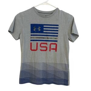 Under Armour Boys USA Flag Short Sleeve Tee Shirt Blue Medium